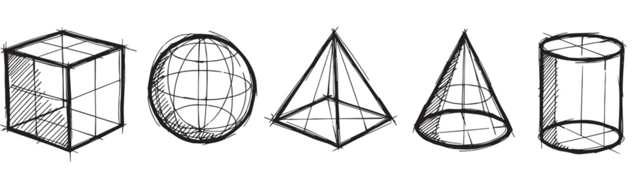 Set of five hand-drawn geometric shapes including a cube, sphere, pyramid, cone, and cylinder in a rough, sketchy style with black ink lines and hatching for shading