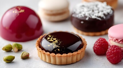  A harmonious arrangement of five premium desserts on a light cream matte surface