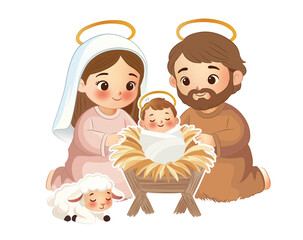 Cute Chibi Holy Family Clipart Sticker Vector: Jesus, Mary, and Joseph Nativity Scene