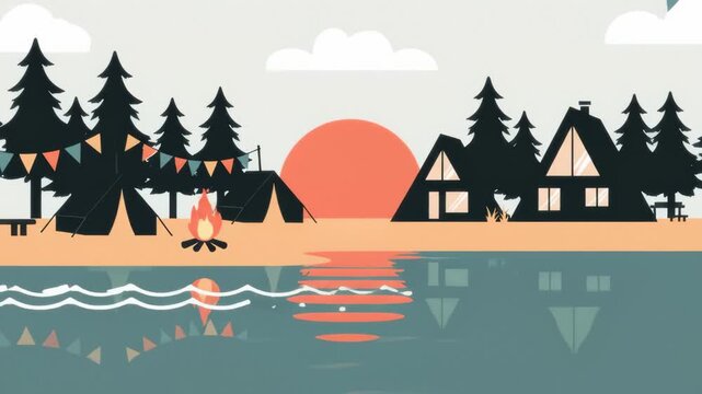 Animated Landscape With Camping Tents and Holiday Bunting Flags