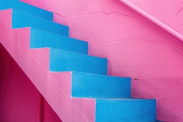 Vibrant blue steps climb a pink wall, representing progress and achievement