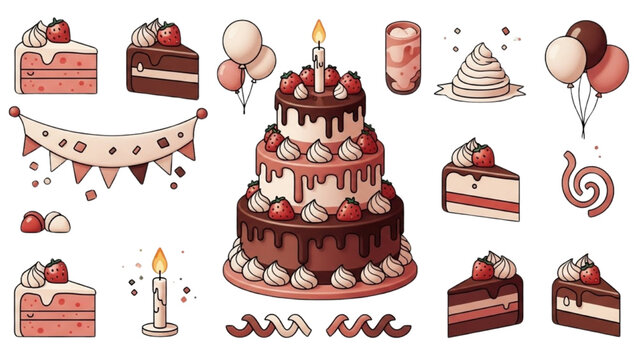 Charming illustration set featuring festive birthday cakes, sweet treats, balloons, and party supplies for celebrations
