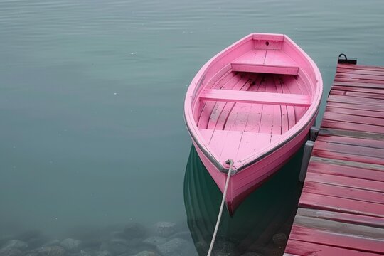 Pink rowboat floating near wooden dock in a calm lake with rocks in the foreground