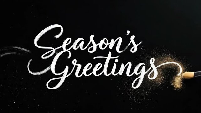 Handlettered seasons greetings text igniting with match flame. Animated holiday message revealing in cursive script. Festive winter typography with sparkling glow effect on dark background. video