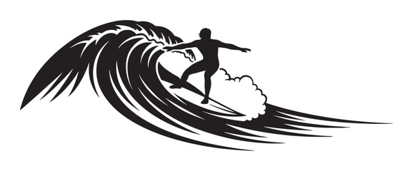Black silhouette of a surfer riding a large, stylized ocean wave in a dynamic, graphic vector illustration showing an extreme water sport and an active summer lifestyle