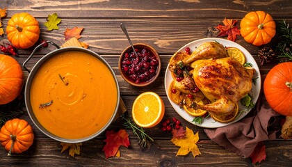 Thanksgiving feast with roasted chicken, pumpkin soup, and cranberry sauce.
