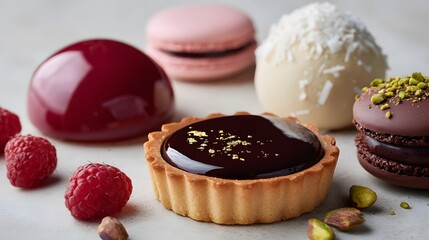  A harmonious arrangement of five premium desserts on a light cream matte surface