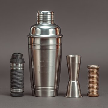 A close up studio shot of four metallic bar tools including a cocktail shaker a jigger and a muddler against a plain gray backdrop.