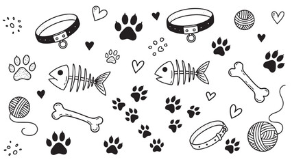 Hand-drawn black and white set of pet-themed doodles including paw prints, collars, bones, and fish skeletons in a charming, minimalist line art illustration style