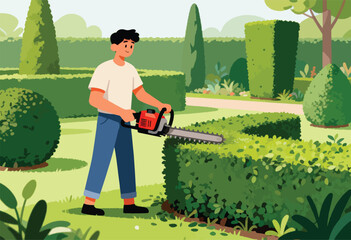 A person uses a chainsaw to trim a hedge in a stylized garden. Other trimmed bushes stand in the distance