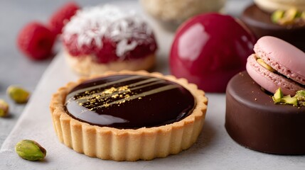  A harmonious arrangement of five premium desserts on a light cream matte surface