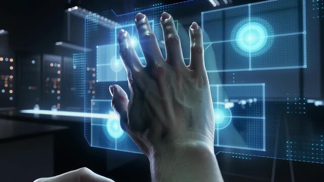Woman using finger to touch digital screen, navigating virtual user interface with graphic element overlay for data analysis and digital twin concept