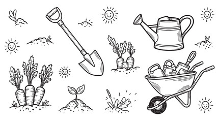 Set of hand-drawn gardening icons in a cute doodle style, featuring a shovel, watering can, wheelbarrow, carrots, sprout, and smiling suns for a charming farm theme