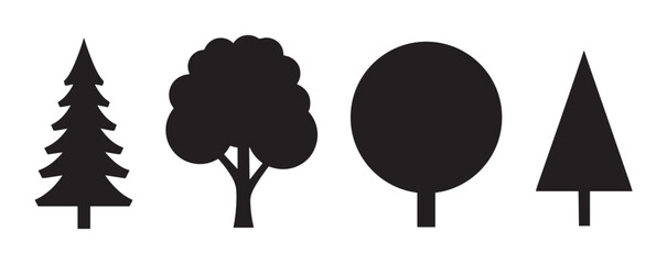 Fototapeta premium Four black tree silhouettes in various graphic styles, including coniferous and deciduous shapes, presented as a simple icon set for nature and environmental concepts