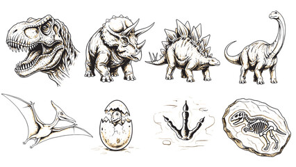 Set of hand-drawn dinosaur illustrations featuring a T-Rex, Triceratops, Stegosaurus, Brachiosaurus, Pterodactyl, fossil, hatching egg, and footprint in a vintage sketch style