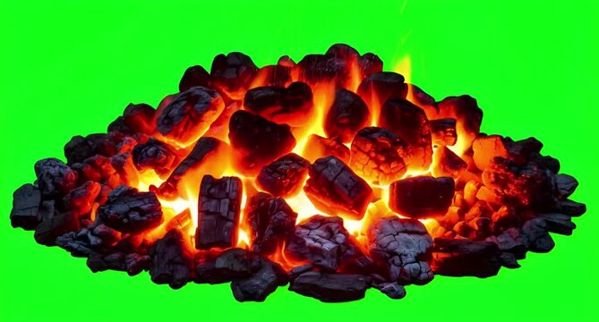 fiery coals cutout image and isolated on green screen or chroma key background