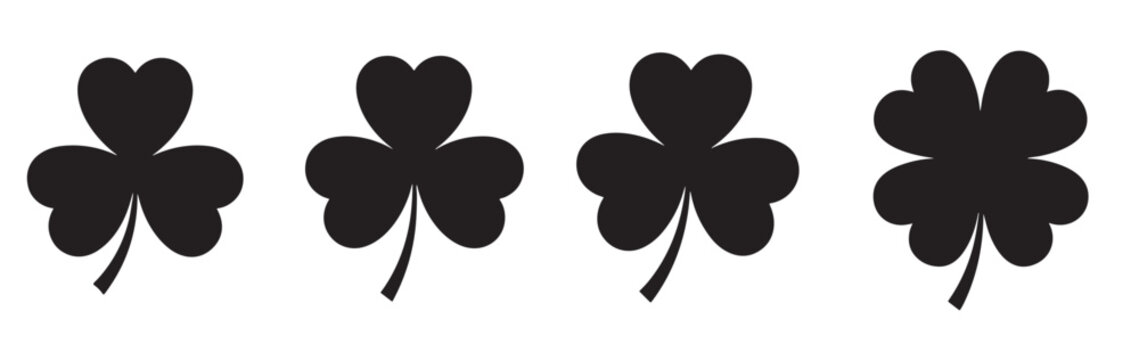 Four black clover leaf silhouettes including a lucky four-leaf clover and three shamrocks in a simple graphic icon set for St. Patrick's Day and good luck concepts