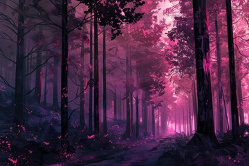 Naklejka premium Surreal fantasy landscape with glowing flora and pink mist in a dark enchanted forest