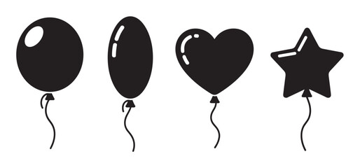 Four black party balloon silhouettes in various shapes including round, oval, heart, and star, depicted as a simple graphic icon set for celebration and festive event decoration