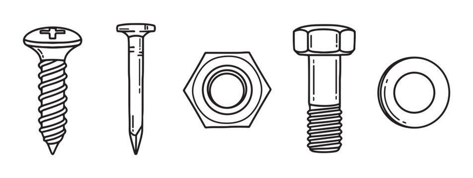Hardware fasteners set with a screw, nail, nut, bolt, and washer shown in a simple black and white hand-drawn sketch style for do-it-yourself and building projects