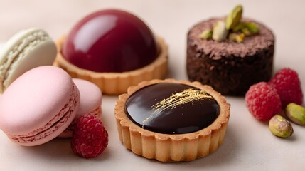  A harmonious arrangement of five premium desserts on a light cream matte surface