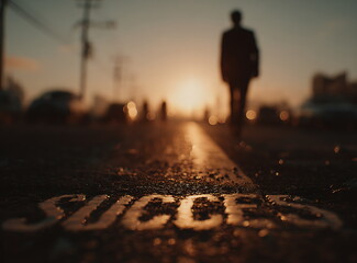 businessman walking on the road with the word "success" written in front of him, city background with sunlight and sun rays, stock photo, high-resolution photography.