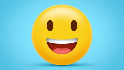 Happy yellow face emoji with open mouth and smiling eyes, joyful positive expression and digital icon, smiling yellow emoji with closed eyes blue background showing happiness and contentment - Powered by Adobe