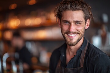 Smiling young barista serving customers in a trendy coffee shop during the afternoon rush