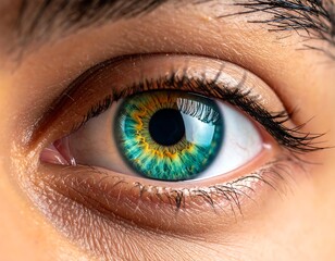 Fototapeta premium Close-up of a human eye with vibrant green and gold iris, surrounded by skin and eyelashes. The pupil reflects light