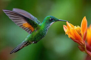 Fototapeta premium Greencrowned Brilliant hummingbird hovering near vibrant flower in a lush environment during the morning light in South America