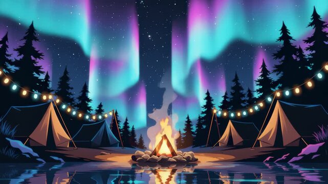 Animated Campground Scene With Aurora Borealis and Campfire Glows