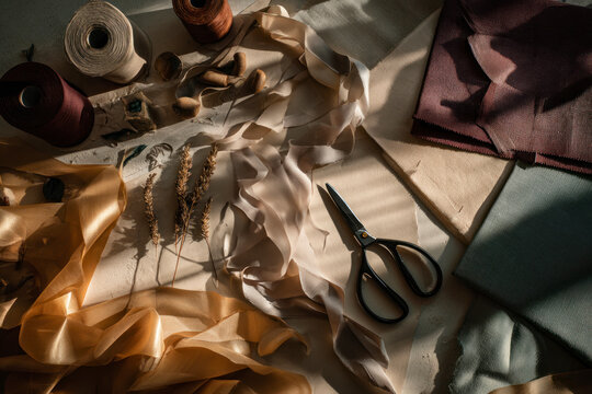 Colorful fabric scraps with metal scissors on a soft textile surface, concept of craft, texture, and handmade creativity.