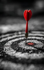 red dart hitting the bullseye on a black and white target, close-up of a red arrow hitting the center of a round target with space for text or design. unsplash photography style, stock photo.