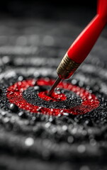 red dart hitting the bullseye on a black and white target, close-up of a red arrow hitting the center of a round target with space for text or design. unsplash photography style, stock photo.