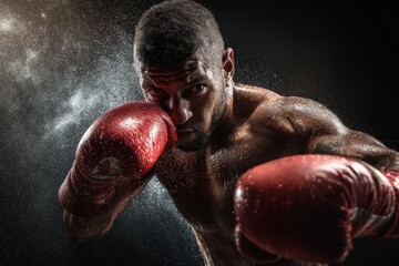 Active boxing training with a focused boxer delivering powerful punches in a dynamic, intense atmosphere