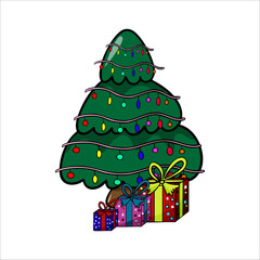Vector color hand-drawn illustration of a green Christmas tree on a white background