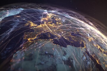 Global digital grid expands across earth with looped networks connecting cities and regions worldwide