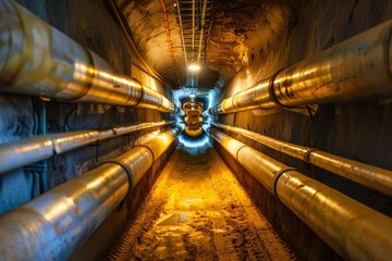 Fototapeta premium Large pipes and cables running through an underground tunnel infrastructure project, showing the complexity of urban utilities