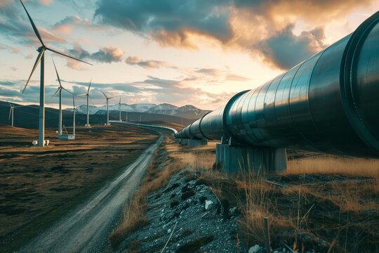 Metal pipeline transporting oil or gas near wind turbines generating clean energy under a beautiful sunset sky