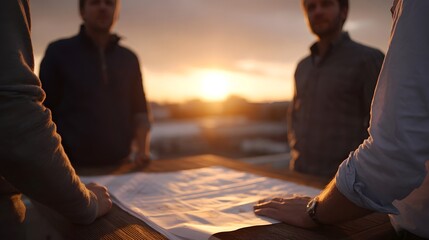 Team of colleagues discussing blueprints on a wooden table during a warm sunset