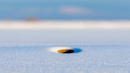 Close-up of a hole in frosty ground covered with ice crystals during winter