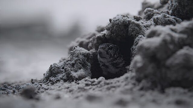 Curious Wild Ground Squirrel Peeking Out from Dark Burrow Entrance in Natural Habitat - Powered by Adobe