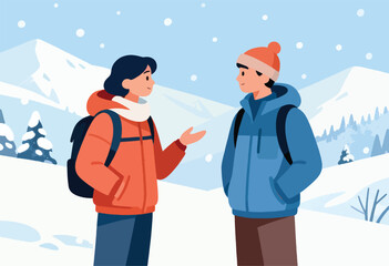 Illustration of two figures conversing in a snowy landscape with mountains and trees. Snowflakes fall