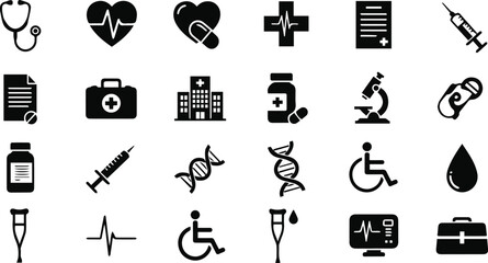 A comprehensive collection of black and white medical and healthcare icons, illustrating various aspects of health, treatment, and medical care.