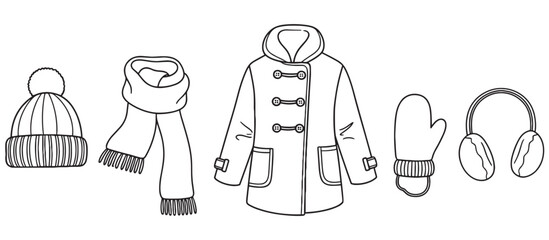 Set of winter clothes and accessories including a duffle coat, scarf, beanie, mitten, and earmuffs presented in a simple black and white line art illustration style