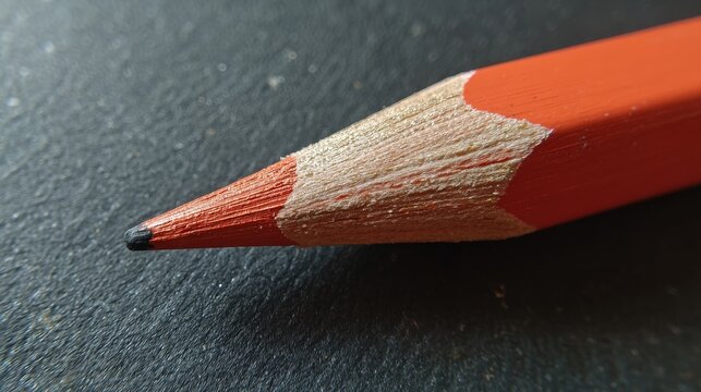 Extreme close up reveals the sharpened tip and exposed wood grain of an orange drawing instrument