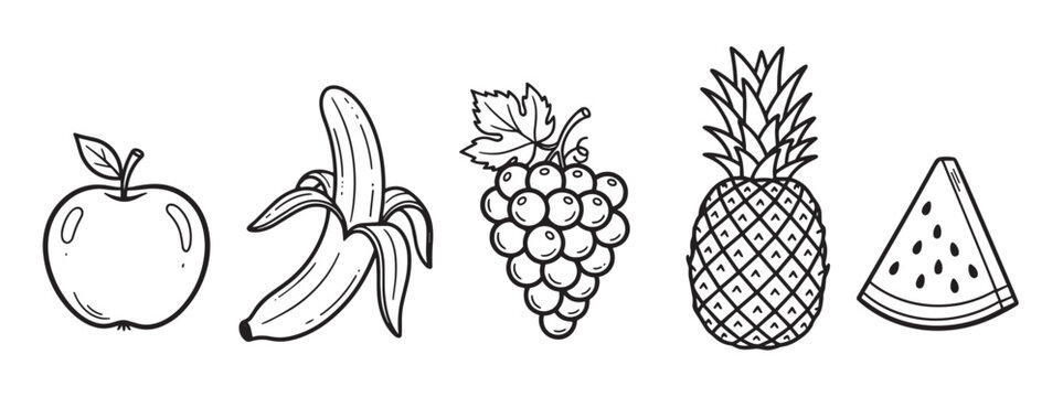 Hand-drawn black and white fruit collection featuring an apple, banana, grapes, pineapple, and watermelon slice in a simple doodle sketch style for healthy eating concepts