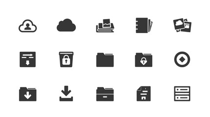 Collection of black and white icons representing cloud services, folders, and downloads.