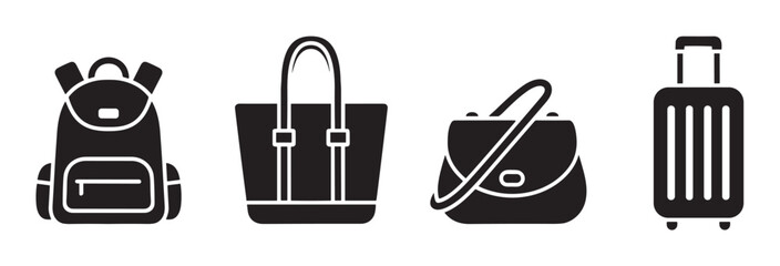 Four black silhouette icons of various bags, including a rucksack, handbag, shoulder purse, and travel suitcase, designed in a simple and clean graphic illustration style