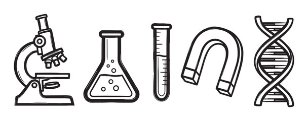 Set of hand-drawn science icons featuring a microscope, flask, test tube, magnet, and DNA helix, illustrated in a simple black and white doodle style for educational concepts
